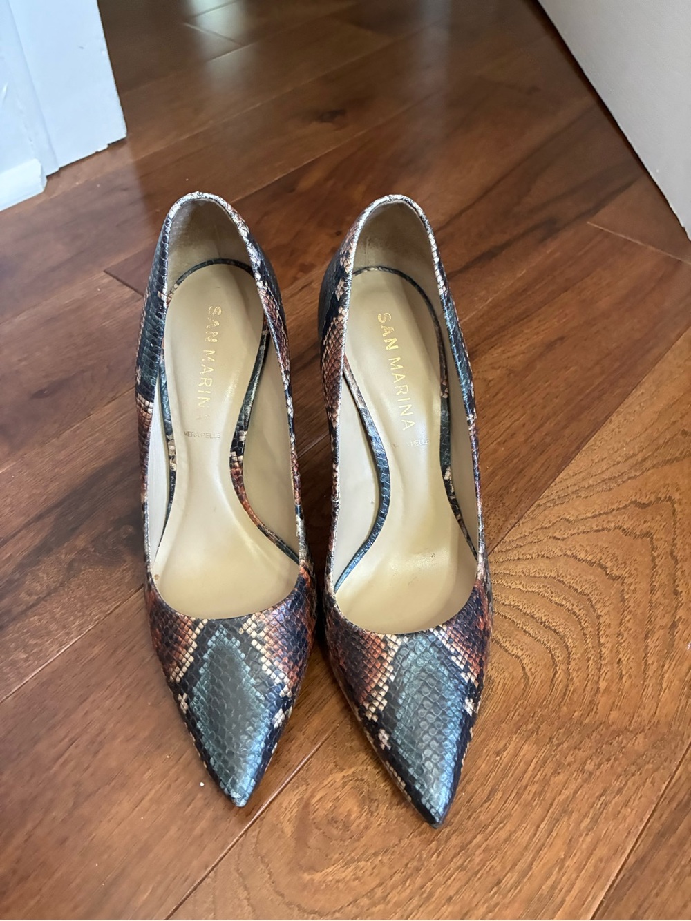 MARINA Snakeskin Pointed-Toe Pumps in Brown and Black
